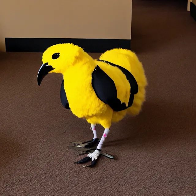 Image similar to a person wearing a fursuit of a yellow bill magpie fursona, fursona, furry convention, hotel lobby, indoors, photograph, furry fandom, photorealistic,