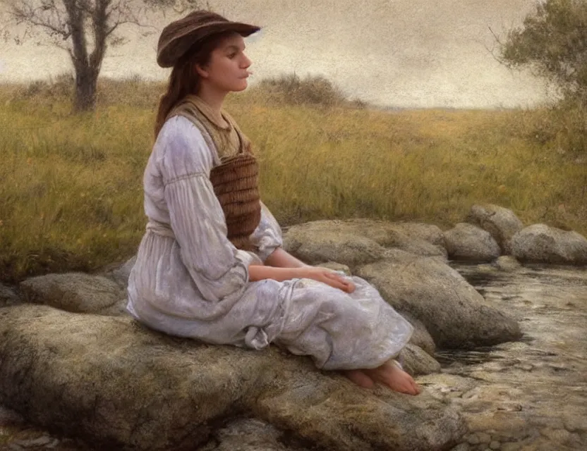 Image similar to peasant girl sitting on a stone by a shore of river, cottage core, cinematic focus, polaroid photo bleached vintage pastel colors high - key lighting, soft lights, foggy, by steve hanks, by lisa yuskavage, by serov valentin, by tarkovsky, 8 k render, detailed, oil on canvas