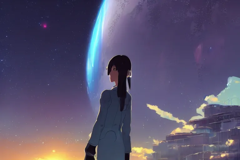 Prompt: makoto shinkai. robotic android girl. futuristic cyberpunk dystopia. vibrant nebula sky. Large planet in background