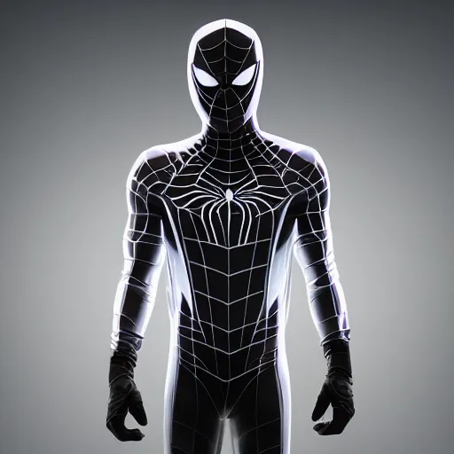 Image similar to white spider - man suit with black web lining, cinematic, volumetric lighting, realistic, hyperdetailed, photorealistic, photograph