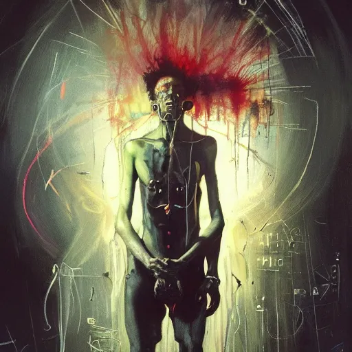 Prompt: technospiritual intervention, by michel basquiat and artgerm and seb mckinnon and greg rutkowski, featured on artstation, fine art, mixed media, highly detailed, sharp, in focus