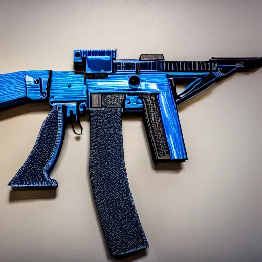 Image similar to a working ak - 4 7, 3 d printed using black and blue filament. 8 5 mm lens, f 1. 8.