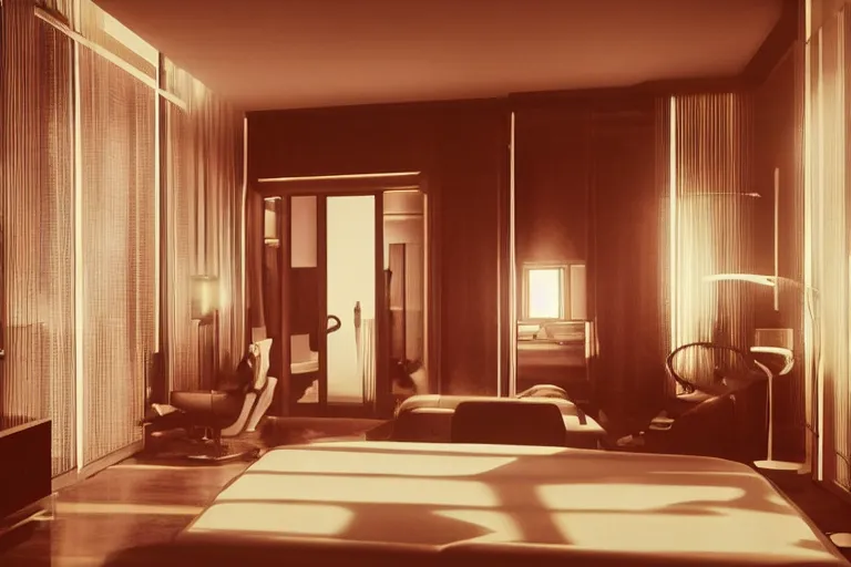 Prompt: a vintage photo of futuristic high tech apartment bedroom interior, by ridley Scott, octane rendering, moody lighting, in the style of blade runner