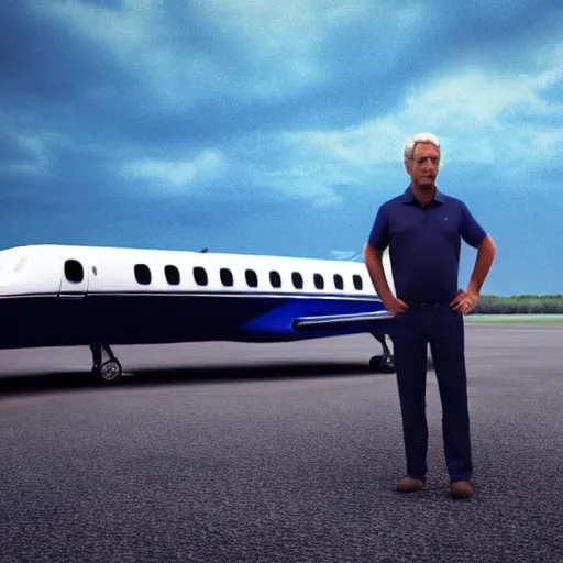 Image similar to aesthetic illustration of jeffrey epstein, wearing a dark blue polo shirt, standing by his bombardier private jet on an empty runway at dusk, cinematic lighting, high detail, volumetric lights, rule of thirds, unreal engine 5 render, pinterest wallpaper, trending on artstation