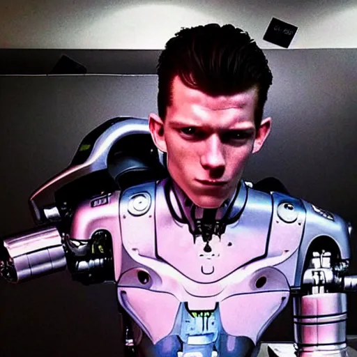 Image similar to “a realistic detailed photo of a guy who is the terminator robot, a cyborg consisting of living tissue over a robotic endoskeleton, who is a male android, Tom Holland, posing like a statue, blank stare”