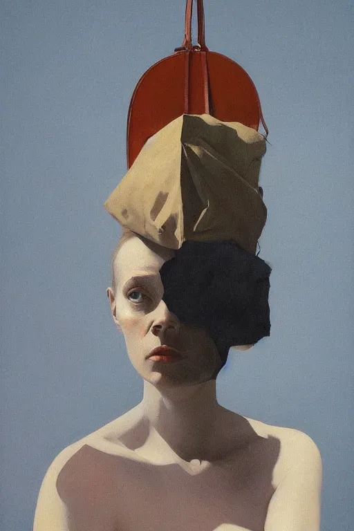 Prompt: a woman wearing a bag through her head Edward Hopper and James Gilleard, Zdzislaw Beksinski highly detailed