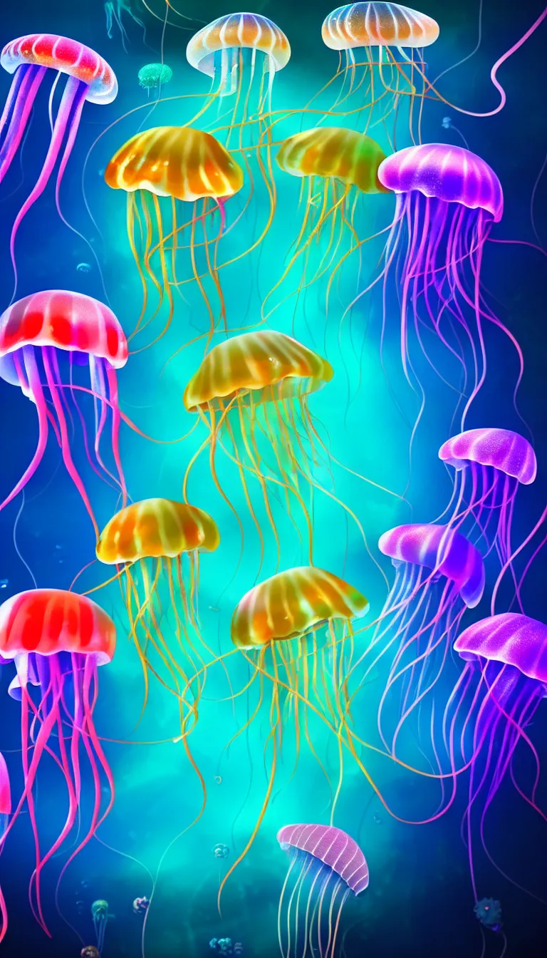 Prompt: highly detailed photo of five colorful jellyfish floating in dark under water sea, hyper realistic, concept art, 8 k detail post - processing