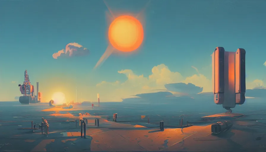 Prompt: clouds floating in front of the sun in space, simon stalenhag, art deco painting