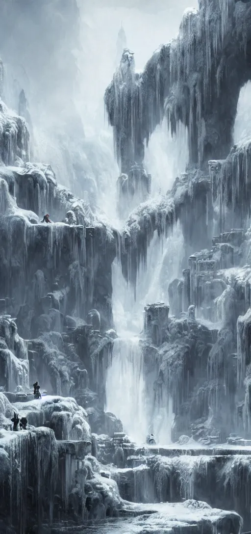 Image similar to a gigantic palace made of crystal stone with arches and bridge on top of a waterfall in the snow, blizzard, a small stream runs beneath the waterfall, landscape, raphael lacoste, eddie mendoza, alex ross, concept art, matte painting, highly detailed, rule of thirds, dynamic lighting, cinematic, detailed, denoised, centerd