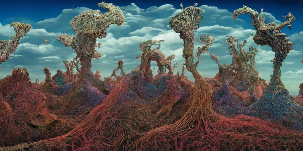 Image similar to ultrawide angle colour masterpiece surreal closeup portrait photography of surrealism by annie leibovitz and michael cheval, double exposure, weird surreal epic psychedelic complex biomorphic 3 d fractal landscape in background by kilian eng and roger dean and giger and salvador dali and beksinski, 8 k