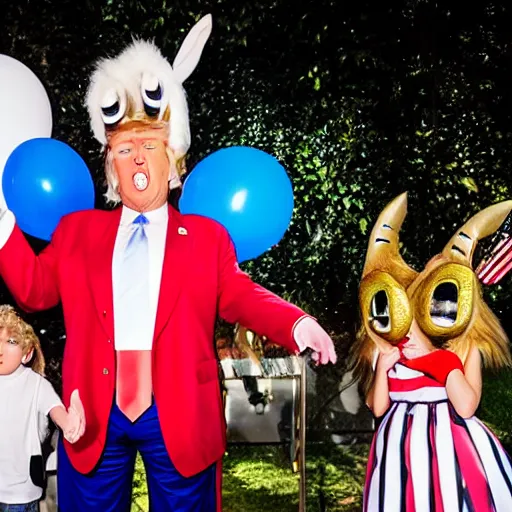 Image similar to professional photography Donald Trump cosplay as Bugs Bunny spying on children at a birthday party, high quality, good lighting,