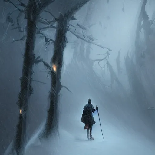 Prompt: a hiker with a cape on walking thru blizzardy mountains, Matte painting , detailed painting, greg rutkowski