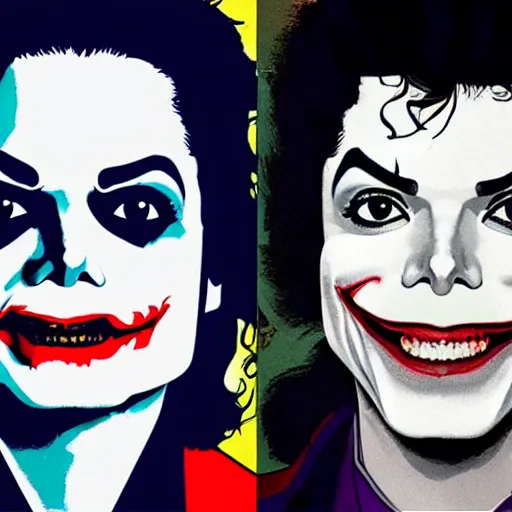 Image similar to michael jackson as the joker laugh on camera. symmetrical anatomy, hyperdetailed, coloured comic, baroque, pop art style, fantasy, without duplication, art by ilya kuvshinov and andy warhol and vinicius gud and gustavo zambelli, intricate, trending artstation, dribble popular.