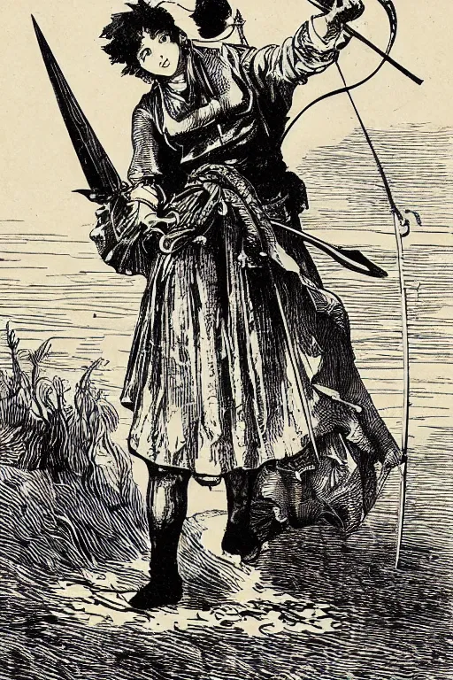 Prompt: 19th century wood-engraving of Ryūko Matoi cosplayer holding Scissor Blade, whole page illustration from Jules Verne book, art by Édouard Riou Jules Férat and Henri de Montaut, high quality, beautiful, removed watermarks