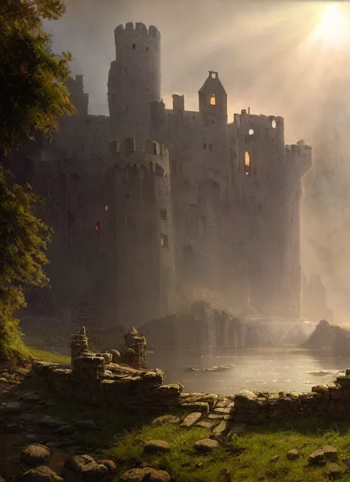 Prompt: a ruined medieval castle, mist, sunrays, dust in the air, dnd character, unreal engine, octane render, dramatic lighting, pond, digital art, by stanley artgerm lau, greg rutkowski, thomas kindkade, alphonse mucha, loish, norman rockwell,