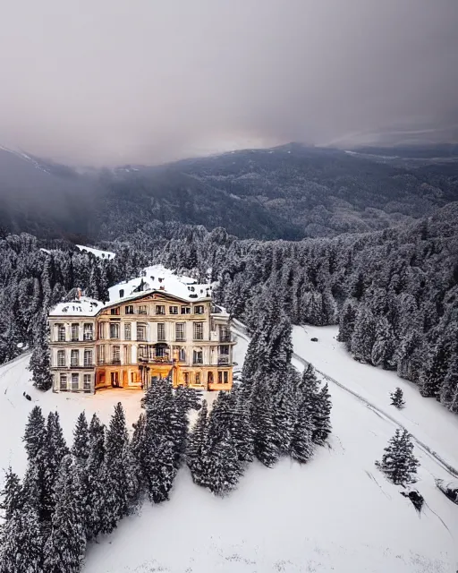 Image similar to mansion in the snowy alps set on fire, zoomed out, shot from drone, iphone capture, fire