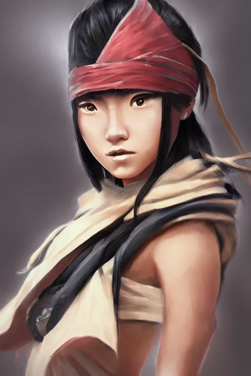 Image similar to native japanese young woman dressed like shinobi ninja, focused stare, partially masked, highly detailed, photorealistic render, digital painting, trending on artstation, character design, overcast weather