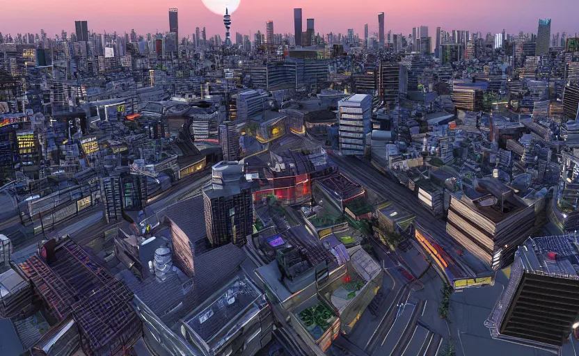 Image similar to unreal engine global illumination render of tokyo city from a rooftop view, sunset lighting, hyper realism, realistic shading, cinematic composition, blender render, octane render, hdr, detailed textures, photorealistic, ultrawide shot, 1 6 mm lens