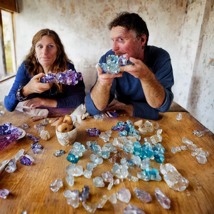 Image similar to closeup portrait of a couple eating colorful crystal geodes at a dining table, in a desolate abandoned house, by Annie Leibovitz and Steve McCurry, natural light, detailed face, CANON Eos C300, ƒ1.8, 35mm, 8K, medium-format print