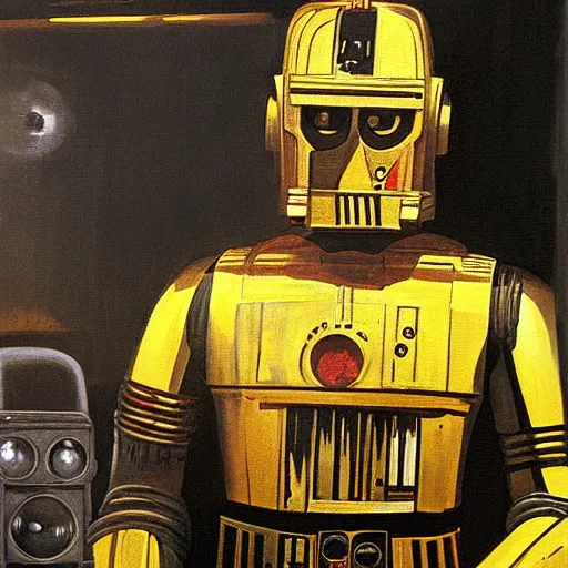 Prompt: painting of c - 3 p 0 by ralph macquarrie