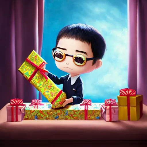 Image similar to an epic chibi comic book style portrait painting of a ryan kanji opening presents, character design by mark ryden and pixar and hayao miyazaki, unreal 5, daz, hyperrealistic, octane render, cosplay, dynamic lighting, intricate detail, cinematic