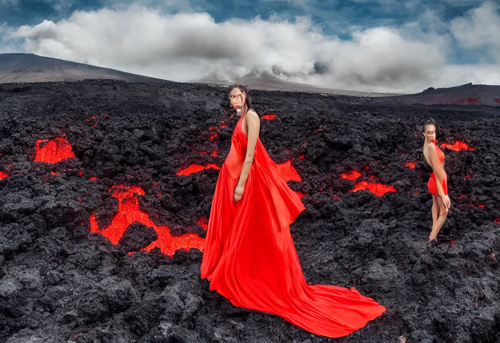 Image similar to fashion editorial in volcano eruption lava. wide angle shot. highly detailed.