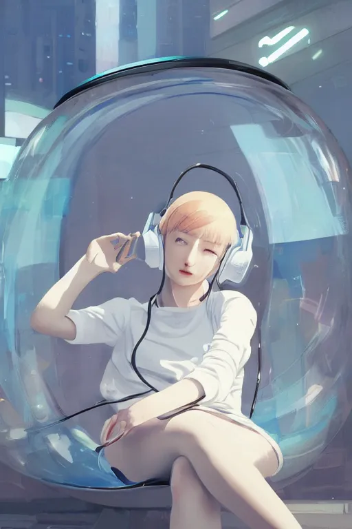 Image similar to a cute young woman listening to music in a bubble chair with her eyes closed and wearing headphones, white bob cut hair, freckles, cyberpunk setting, blue filter, blue and white, vivid colors, soft lighting, cinematic, moody, nier automata, poster, oil on canvas, in the style of Ilya Kuvshinov, Krenz Cushart, Range Murata, 8k