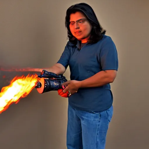 Prompt: Priti Pattel Weilding A flamethrower, firing it into a building, medium shot photo 8k ultrahd