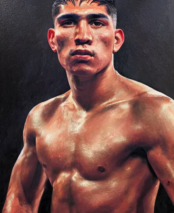 Image similar to heroic portrait of a handsome young mexican boxer. art by denys tsiperko and bogdan rezunenko, hyperrealism