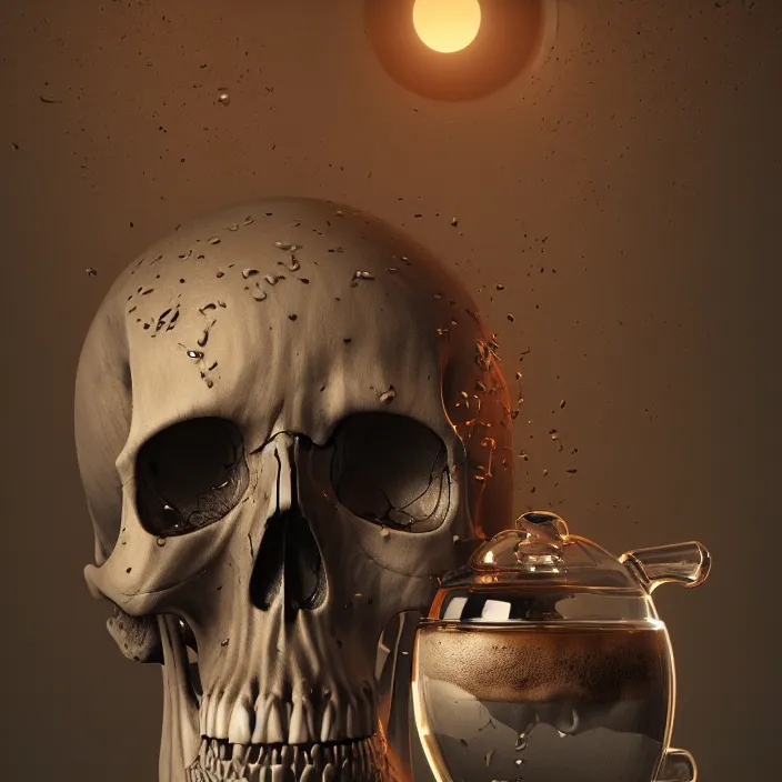 Prompt: skull, inside coffee carafe. intricate artwork. octane render, trending on artstation, greg rutkowski very coherent symmetrical artwork. cinematic, hyper realism, high detail, octane render, 8 k, iridescent accents