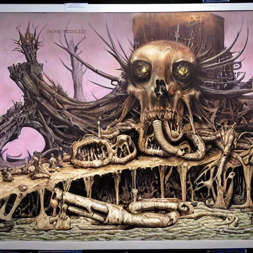 Prompt: airbrush & oils of 4 character, tiered disgusting, floating sewer raft, made of bones, dystopian, by wayne d barlowe, h r giger, simon bisley, alex nino, boris vallejo, enric torres, hyper realism, narrative light, muted colors, epic, hyper detailed, awe inspiring, award winning horror, - n 4