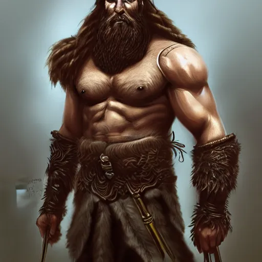 Image similar to portrait of a rugged warrior, muscular, upper body, hairy torso, D&D, fantasy, intricate, elegant, highly detailed, digital painting, artstation, concept art, matte, sharp focus, illustration