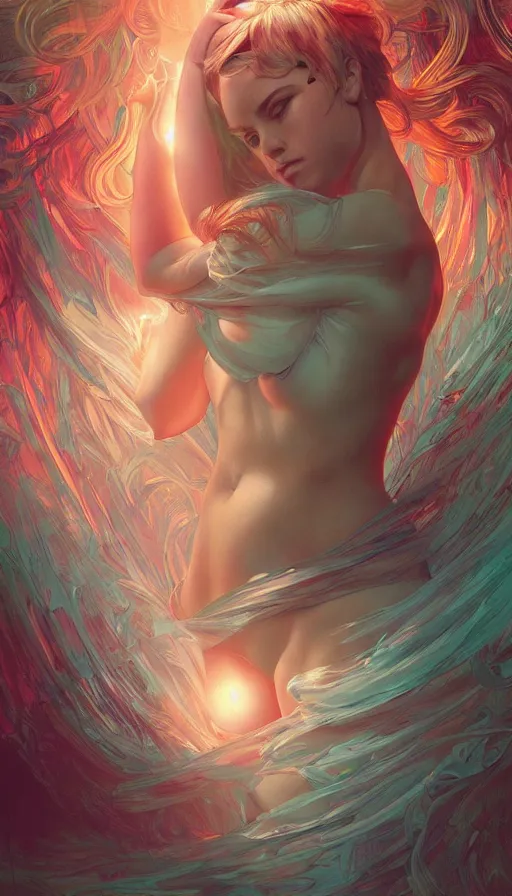 Image similar to hug, neon, fibonacci, sweat drops, insane, pinup, intricate, highly detailed, digital painting, artstation, concept art, smooth, sharp focus, illustration, Unreal Engine 5, 8K, art by artgerm and greg rutkowski and alphonse mucha