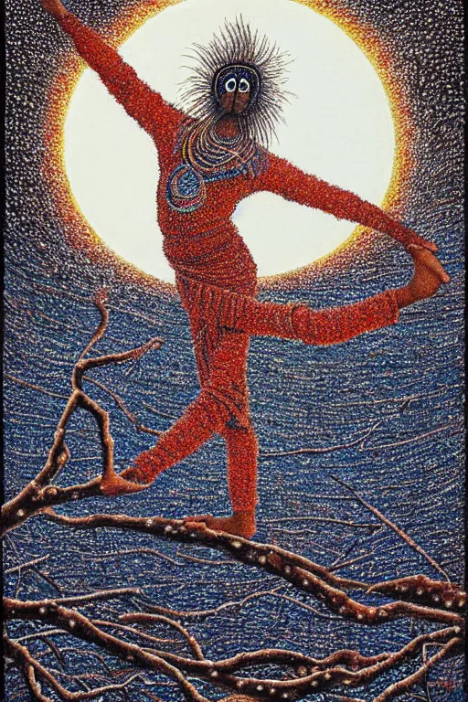 Image similar to ivan marchuk style nataraja dancing in a winter birch grove and raising snow clouds during a solar eclipse, visionary art style