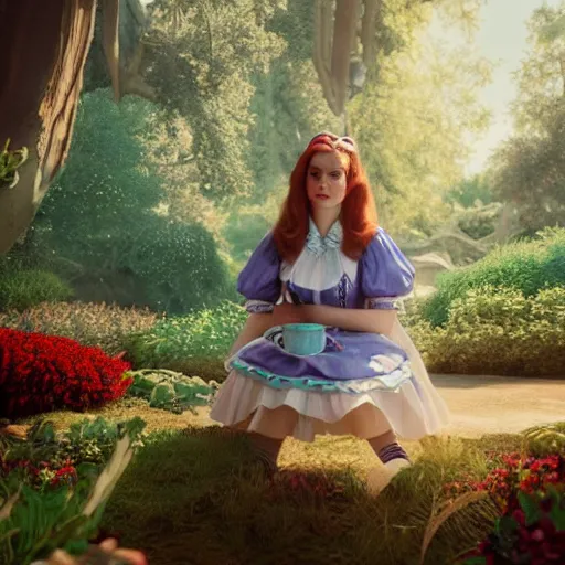 Image similar to alice sitting, alice in wonderland theme, disney photo realistic, octane render, 8 k, unreal engine, hd, cinematic lighting