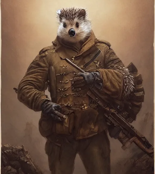 Prompt: anthropomorphic hedgehog, hedgehog as a war general in a commander outfit, holding a large wooden stocked rifle, in the style of greg rutkowski, symetrical, oryantalist, photo realistic, 8k, epic, ultra detailed, by Gustave Doré, by Marco Turini, by Artgerm, Deviantart in the style of Tom Bagshaw, Cedric Peyravernay, Peter Mohrbacher by William-Adolphe Bouguereau, by frank frazetta, symetrical features, joyful