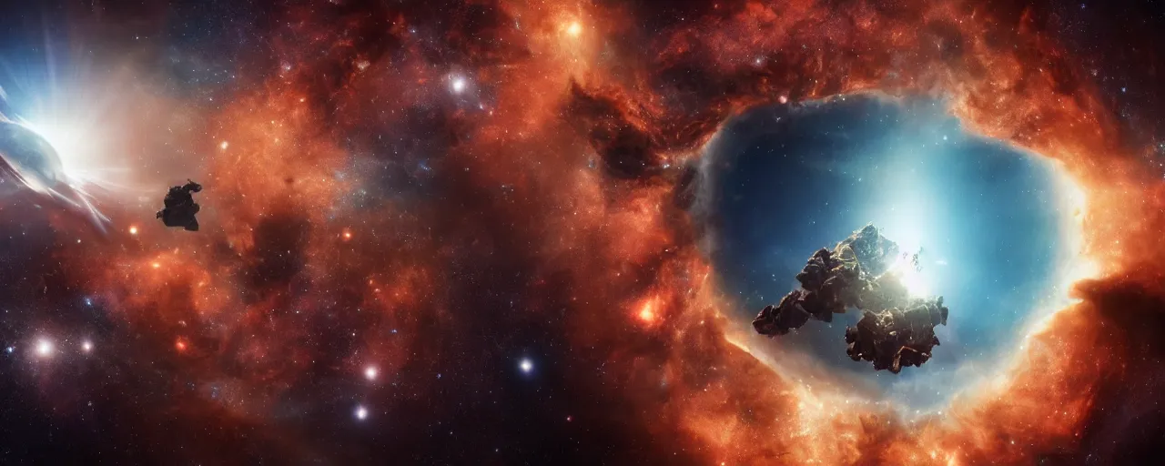 Image similar to movie still, thin horizontal nebula, a dark epic galaxy, space scene, dark scifi, unreal engine, octane render, detailed and intricate, global illumination, volumetric lighting, hubble telescope images, james webb telescope images, houdini fluid simulation, detailed and intricate environment