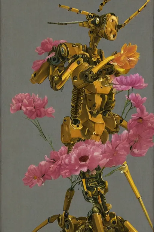 Prompt: a slim anime robot with fluo color detail, and muted arm colors, that looks like a insect, on top of dutch master painting of flowers