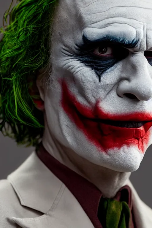 Image similar to a profile shot of the joker doing the kubrick stare looking directly at the camera, 8k, hyperrealism, cinematic lighting