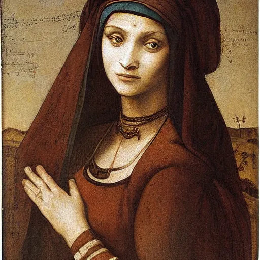 Prompt: oil painting portrait of a Kabyle woman by Leonardo da Vinci