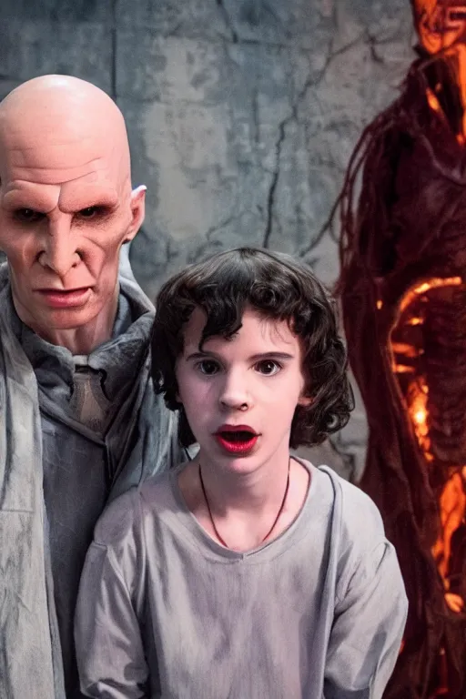 Image similar to Lord Voldemort hanging out with Vecna from Stranger Things,