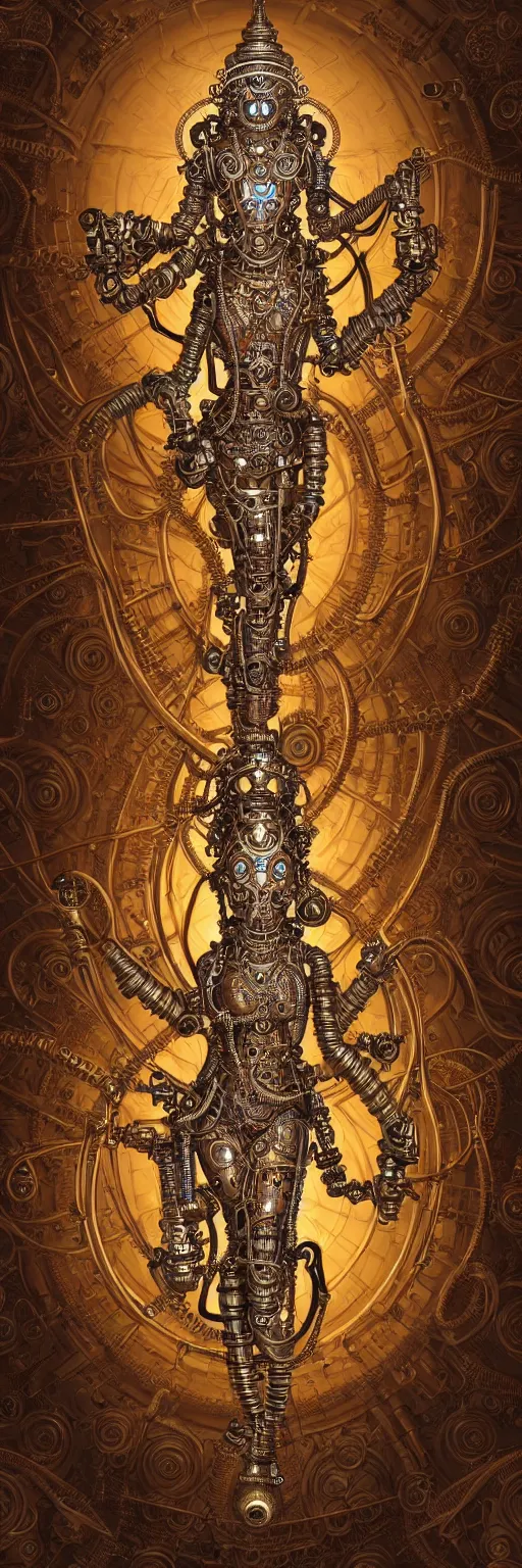 Image similar to seamless pattern of steampunk cybernetic biomechanical hindu goddess dugra, 3 d model, very coherent symmetrical artwork, unreal engine realistic render, 8 k, micro detail, gold and steel intricate, elegant, highly detailed, digital painting, artstation, smooth, sharp focus, illustration, artgerm, tomasz alen kopera, wlop