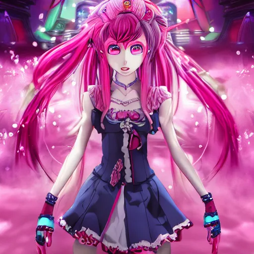 Image similar to trapped by stunningly beautilful omnipotent megalomaniacal anime asi goddess who looks like junko enoshima with symmetrical perfect face and porcelain skin, pink twintail hair and cyan eyes, taking control while smiling inside her surreal vr castle, hyperdetailed, digital art from danganronpa, 2 d anime style, 8 k