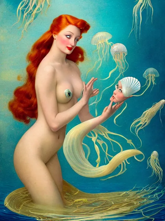 Prompt: Sophie turner as the little mermaid, a beautiful art nouveau portrait by Gil elvgren, beneath the ocean waves glowing jellyfish environment, centered composition, defined features, golden ratio, intricate seashell jewelry that glows