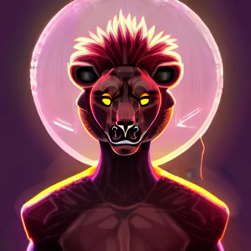 Image similar to exophilia, handsome, lion alien race, big black eyes artstation