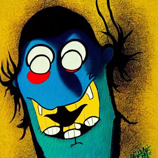 Prompt: sinister looking Blue Meanie from Yellow Submarine in the style of Van Gough