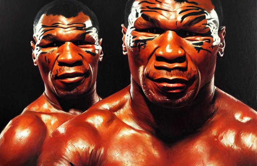 Image similar to portrait of 1 9 8 0's mike tyson!!!!!!!!!!!!!!!!!!!!!!!!!!!, detailed face, detailed painting,, epic lighting, by ilya repin, phil hale and kent williams