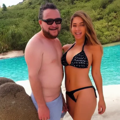 Image similar to photo of a 4 0 year old man that looks young for his age dating a very attractive 2 2 year old woman wearing a bikini.