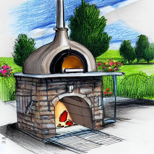 Prompt: new concept for small outdoor open Dutch kitchen design with grill and pizza oven, designer pencil sketch, HD resolution