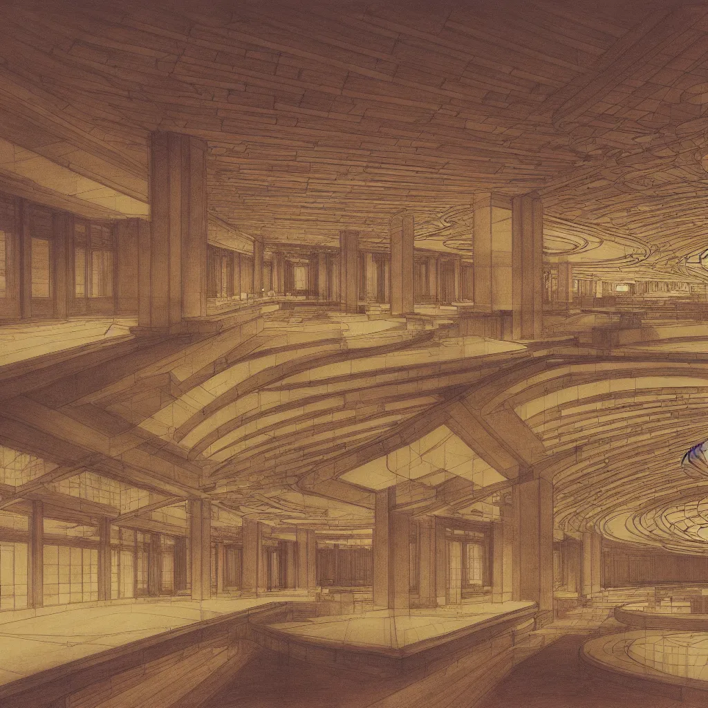 Prompt: panoramic highly detailed taliesin, key project for ellis island, global illumination, radiant light, detailed and intricate environment, sketch drawing by frank lloyd wright